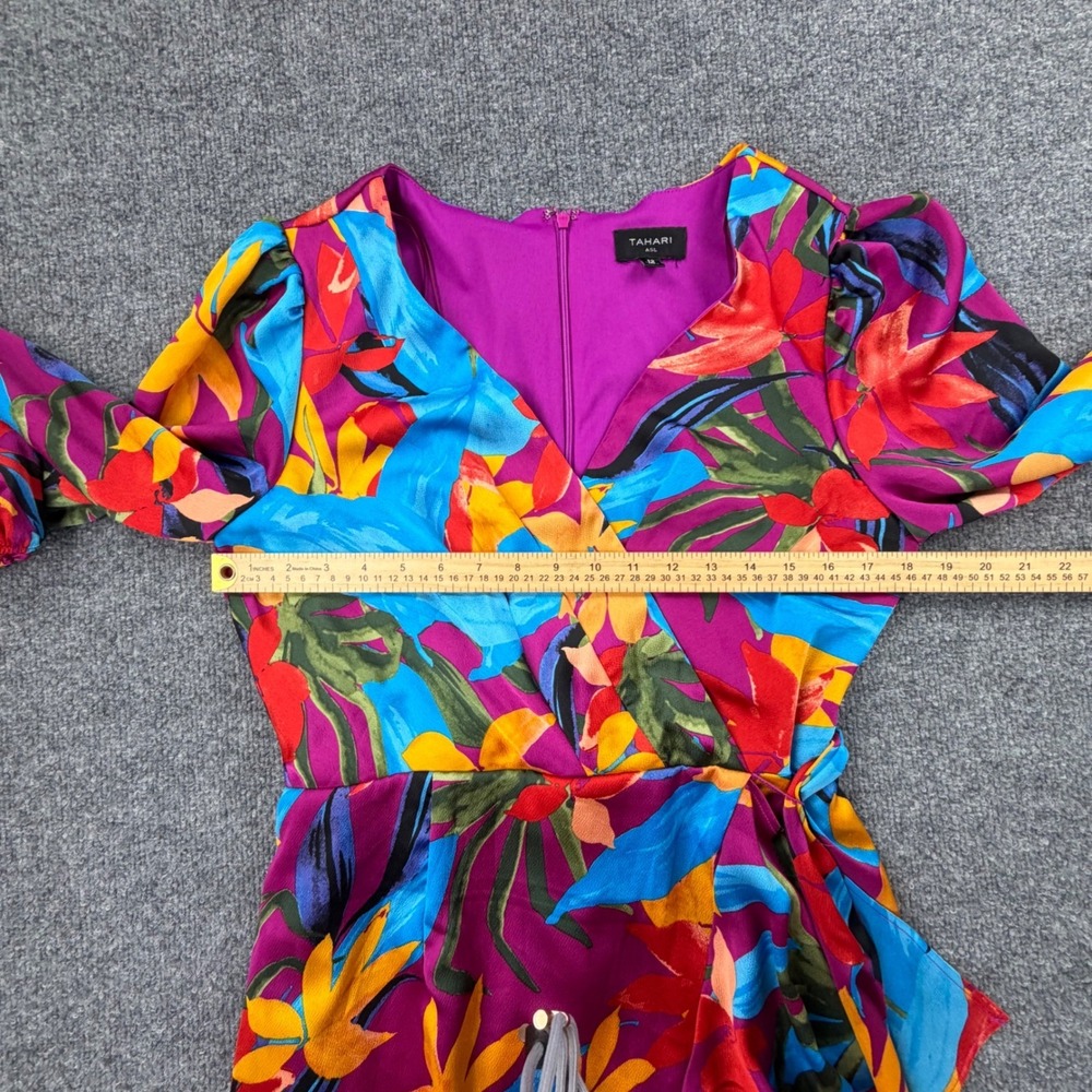 Tahari ASL Womens Pink Floral Faux Wrap Ruffle Midi Dress Long Sleeve Size 12 - Picture 6 of 12